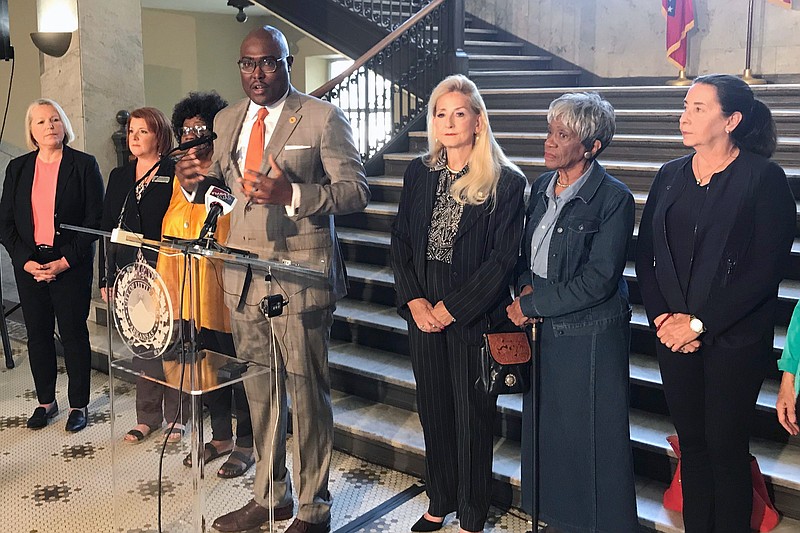 Little Rock Mayor Frank Scott speaks at a press conference at city hall in Little Rock, Ark.  Monday, Oct. 7, 2019. Scott has proposed returning local control to Little Rock schools after a state plan to only grant limited authority drew complaints that the system would revert to a racially segregated system.(AP Photo/Andrew Demillo)