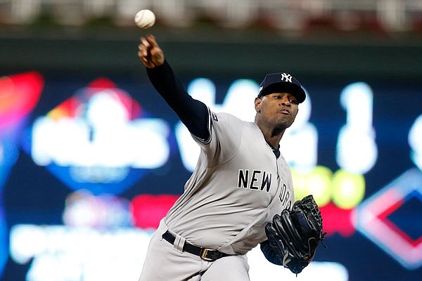 Yankees starting pitcher Luis Severino throws during Monday night's game against the Twins in Minneapolis.