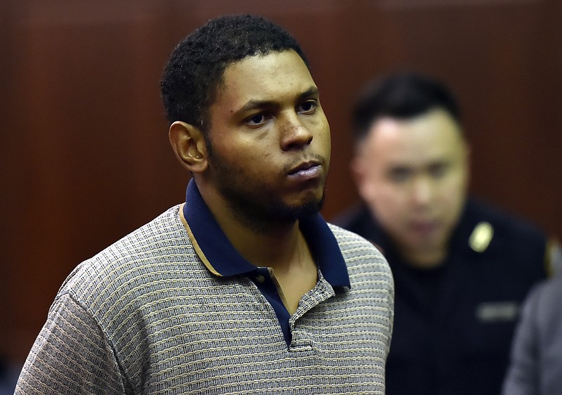 Randy Santos is arraigned in criminal court for the murder of four homeless men, Sunday, Oct. 6, 2019, in New York. He was ordered held without bail. (Rashid Umar Abbasi/New York Post via AP, Pool)