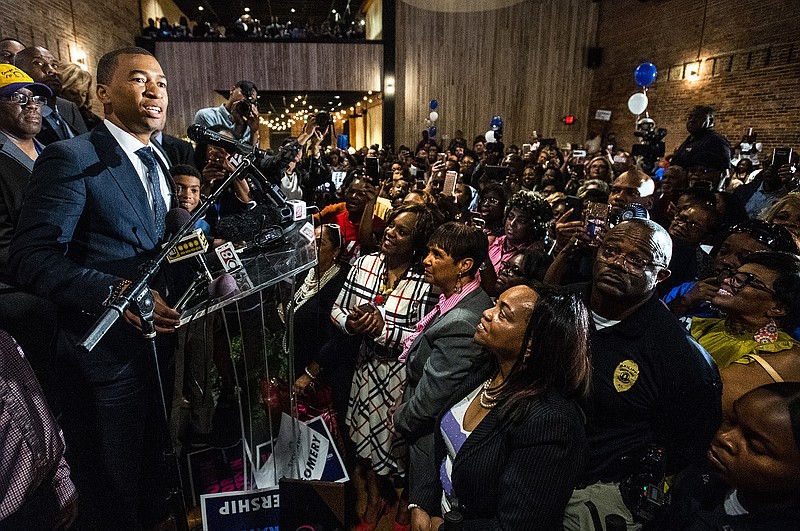 Montgomery Mayor-elect Steven Reed speaks at his victory party, Tuesday, Oct. 8, 2019, in Montgomery, Ala. Reed becomes the first black mayor in the Alabama capital's 200-year history after defeating businessman David Woods by a decisive margin. (Mickey Welsh/Montgomery Advertiser via AP)