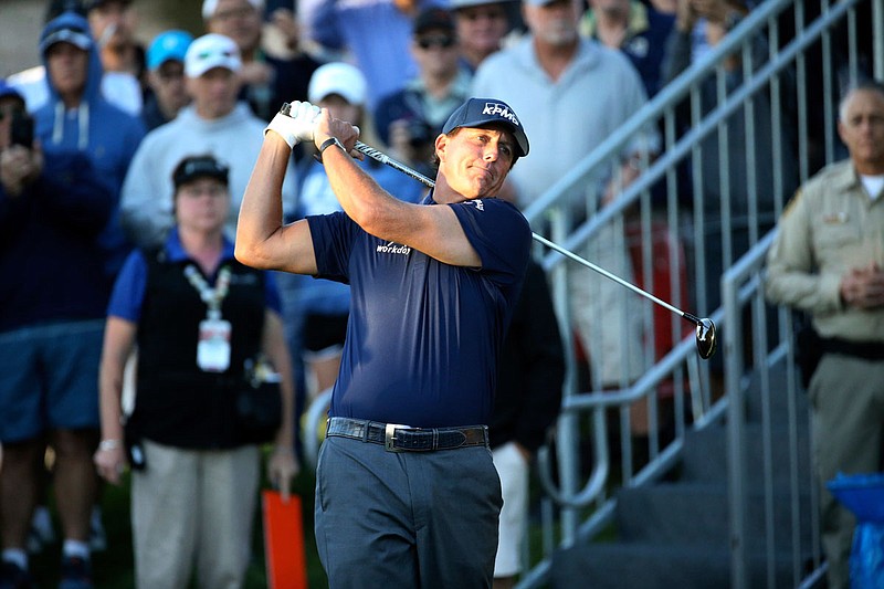 Phil Mickelson watches his shot on the 10th tee during the Shriners Hospitals for Children Open last Thursday at TPC Summerlin in Las Vegas.