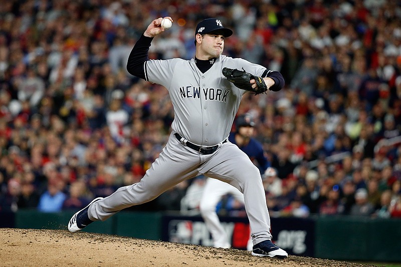 New York Yankees relief pitcher Adam Ottavino throws during the fifth inning in Game 3 of a baseball American League Division Series against the Minnesota Twins, Monday, Oct. 7, 2019, in Minneapolis. (AP Photo/Bruce Kluckhohn)