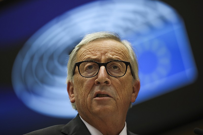 European Commission President Jean-Claude Juncker addresses European lawmakers at the European Parliament in Brussels, Wednesday, Oct. 9, 2019. (AP Photo/Francisco Seco)