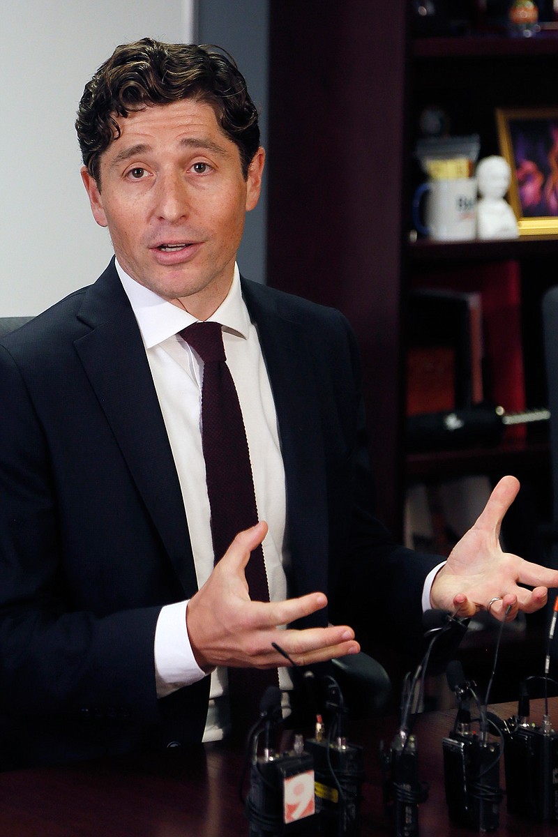  In this Aug. 15, 2019 file photo, Minneapolis Mayor Jacob Frey speaks at a news conference in Minneapolis. President Donald Trump's campaign is attacking Minneapolis and its mayor over an attempt to recover $530,000 in security costs for the Thursday Oct. 10, 2019 planned rally in the liberal city. The campaign accuses Mayor Frey, who has been critical of the president, of "conjuring a phony and outlandish bill for security" that far exceeded that for a 2009 event in the same building by then-President Barack Obama. Frey says it's his job to watch out for taxpayers (AP Photo/Jim Mone File)