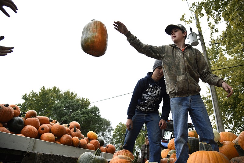 Devlyn Creason, 14, tosses a pumpkin to be put out for people to buy at the 2018 pumpkin festival in Hartsburg. The festival has hundreds of pumpkins available for attendees to purchase. 