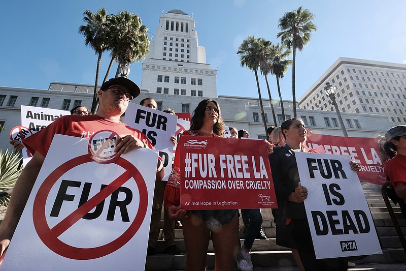 FILE -- In this Sept. 18, 2018 file photo protesters with the People for the Ethical Treatment of Animals (PETA) hold signs to ban fur in Los Angeles prior to a news conference at Los Angeles City.  California will ban the sale and manufacture of new fur products and bar most animals from circus performances under a pair of bills signed Saturday, Oct. 12, 2019 by Gov. Gavin Newsom.  (AP Photo/Richard Vogel,File)