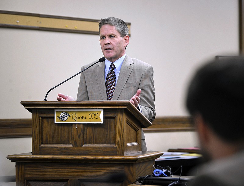 FILE - In this Nov. 13, 2018 file photo, Montana Secretary of State Corey Stapleton testifies before an interim legislative committee in Helena, Mont. Stapleton put tens of thousands of miles on a state-owned pickup truck and used it extensively during weekends and holidays in addition to other travel that legislative auditors said violated state policy, an Associated Press review of government documents found. Stapleton's office did not respond to requests for comment on his travel outside of official events and his "teleworking" at his home in Billings. (Thom Bridge/Independent Record, File)