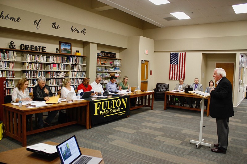 Paul Ricker, with Missouri Association of Rural Education, presents to the Fulton Public Schools Board of Education during Wednesday evening's October board meeting at Fulton High School. In a 6-1 vote, the board elected to hire MARE as its superintendent search firm.