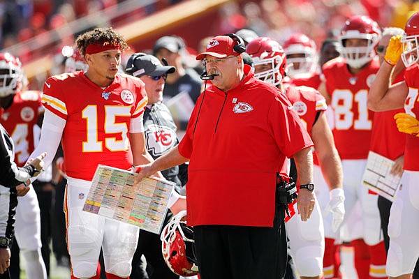 Chiefs coach Andy Reid and quarterback Patrick Mahomes react to a call during the first half of Sunday afternoon's game against the Texans at Arrowhead Stadium in Kansas City.