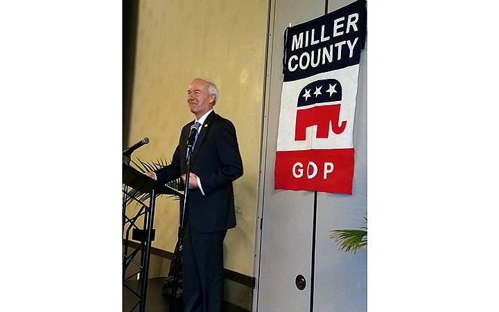 Arkansas Gov. Asa Hutchinson speaks Monday during the Miller County Republican Committee's Red White and Blue Lincoln Day Dinner at the Arkansas Convention Center in Texarkana, Ark. Staff photo by Karl Richter