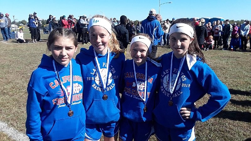 <p>Courtesy/Ron Lebel</p><p>The California Pintos middle school girls team finished in second place Oct. 12 at the Russellville Invitational. Kenzleigh Goans finished in third place, Allie Heather finished in fourth place, Camryn Wingate finished in sixth place, and Vanessa Hernandez finished in eighth place.</p>