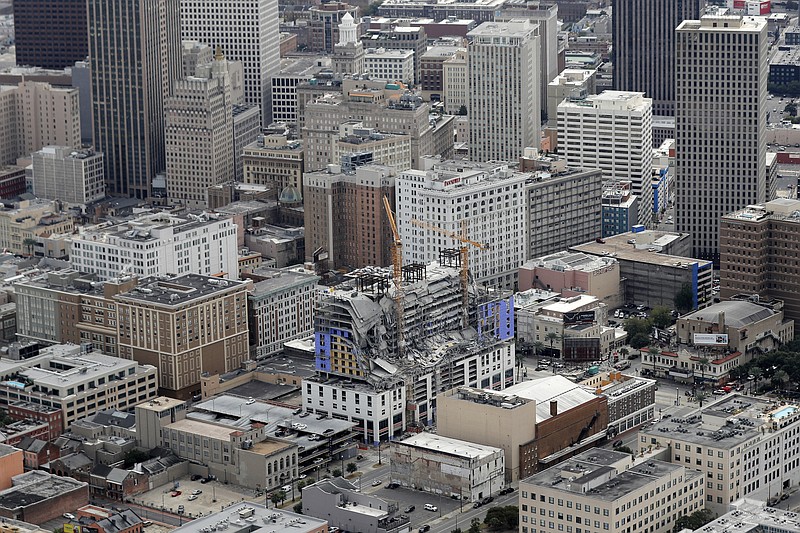 This aerial photo shows the Hard Rock Hotel, which was under construction, after a fatal partial collapse in New Orleans, Saturday, Oct. 12, 2019. (AP Photo/Gerald Herbert)