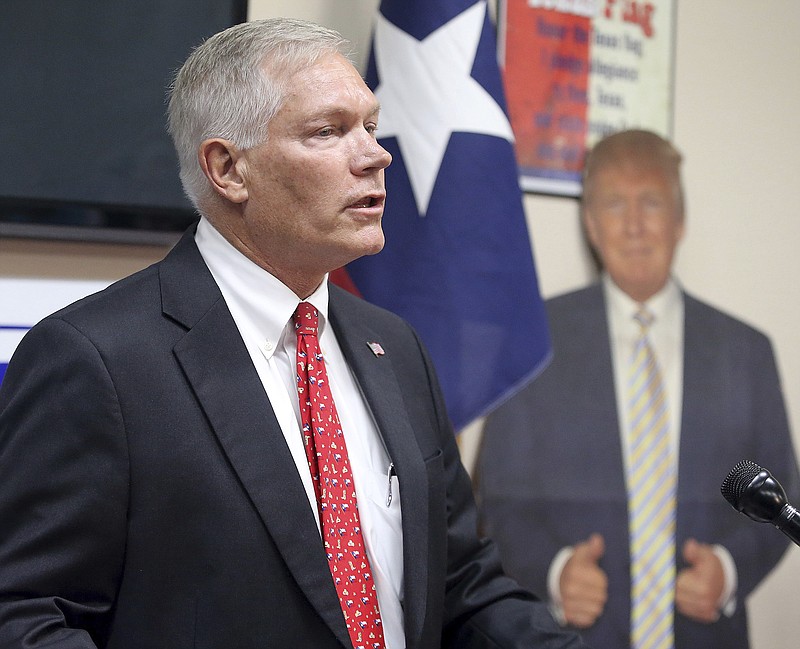 Former US Rep. Pete Sessions speak to the McLennan County Republican Party Thursday, Oct. 3, 2019, in Waco, Texas as he runs to fill the seat of Bill Flores who is stepping down (Jerry Larson/ Waco Tribune-Herald, via AP)