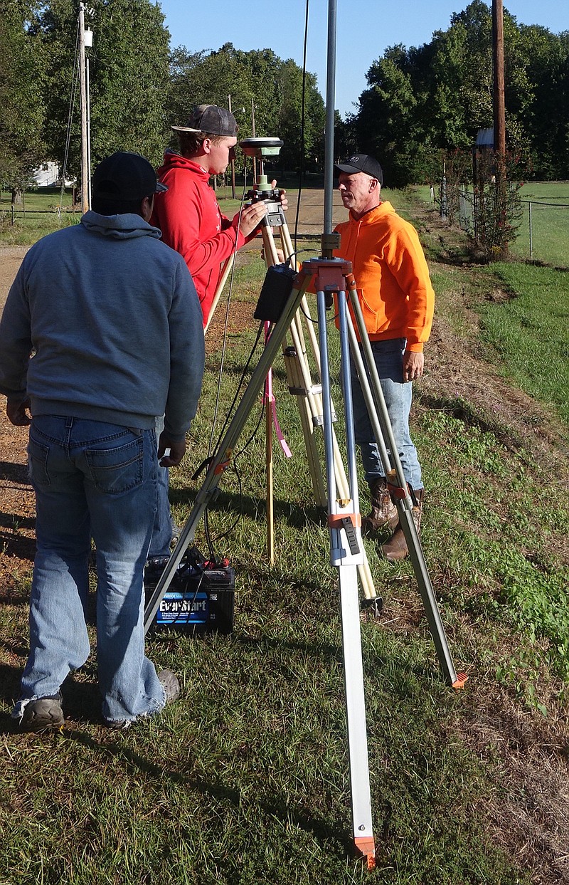 The tripods and legs on a traditional survey crew are the same, but the survey crew above is using global positioning to measure and mark a new Counterpoint Energy gas line replacement in Linden, Texas.