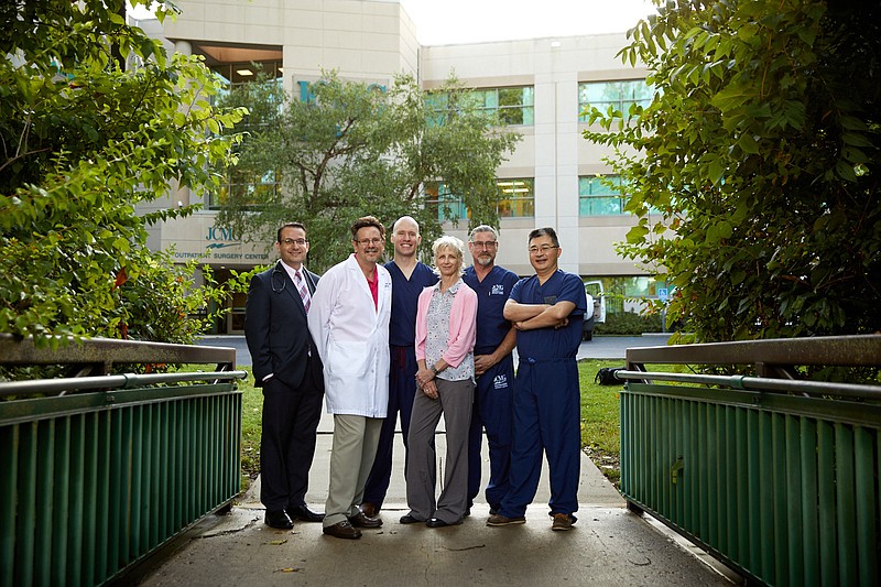 Pictured from left from Jefferson City Medical Group are: Shadi Haddadin, M.D., oncology; Steven Harper, M.D.,radiology; Caleb Steffen, M.D., plastic and reconstructive surgery; Tamara Hopkins, M.D., oncology; Jonathan Roberts, M.D., breast surgery; and James Lin, M.D., breast surgery. Bonnie Smith, M.D., radiology, is not pictured. (Submitted photo)