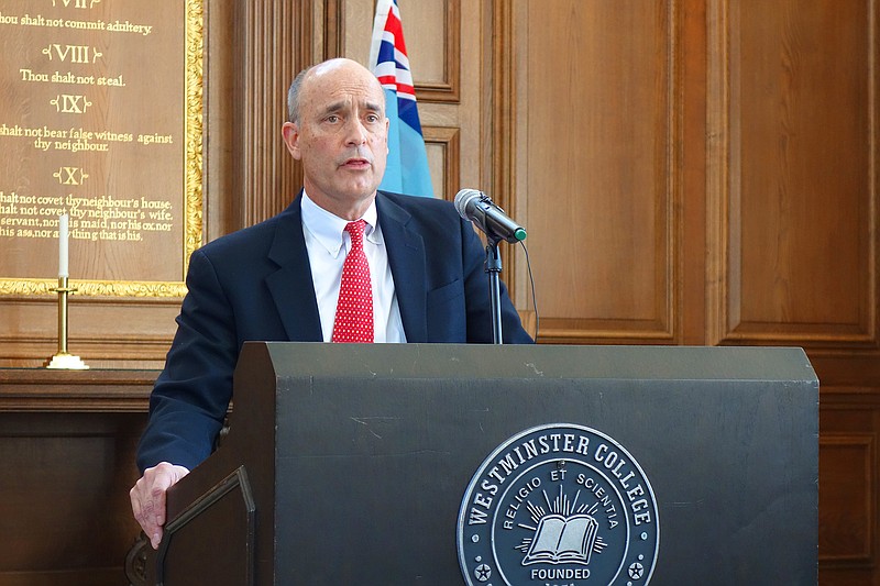 Judge James E. Baker addresses his audience Thursday at Westminster College. The national security expert is concerned about how the current government's actions may be harming the nation's future.