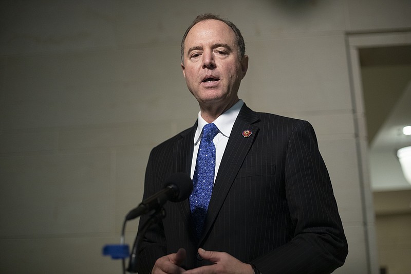 House Intelligence Committee Chairman Rep. Adam Schiff, of Calif., speaks to the media as he returns to a closed door meeting where Ambassador to the European Union Gordon Sondland, testifies as part of the House impeachment inquiry into President Donald Trump, on Capitol Hill in Washington, Thursday, Oct. 17, 2019. (AP Photo/Pablo Martinez Monsivais)