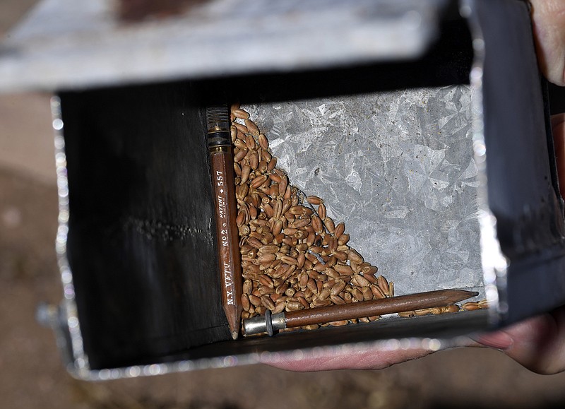 In this Thursday Oct. 3, 2019 photo, Nicki Harle holds the empty time capsule found earlier this year in the First Presbyterian Church cornerstone in Baird, Texas. Beneath the documents and a song book, the masons who placed the cornerstone added wheat, drops of oil and drops of wine. (Ronald W. Erdrich/The Abilene Reporter-News via AP)