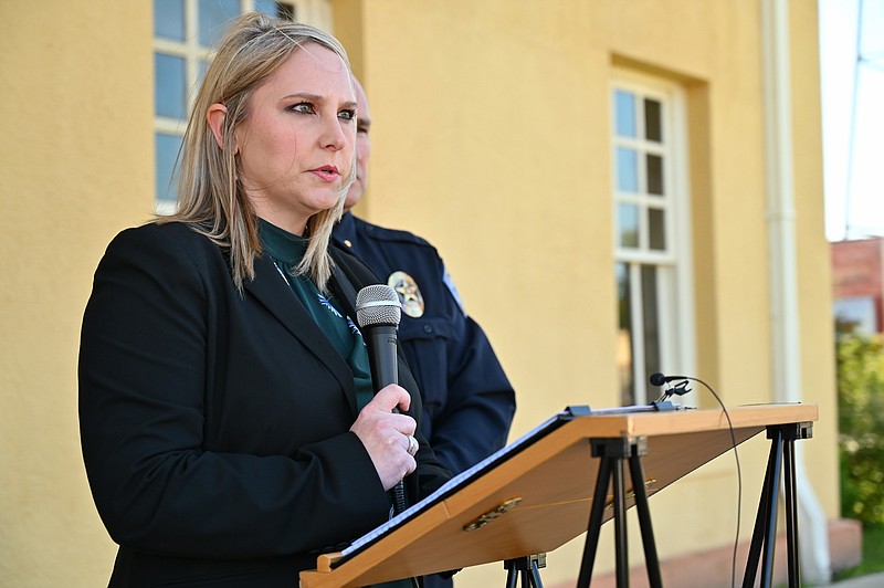 Courtney Shelton, criminal district attorney for Cass County, gives a press conference about the arrest of Bobby Ray Denton who allegedly started a structure fire at 114 E. Harlem St., at the entrance of the Cass County Courthouse on Monday, October 21, 2019, in Linden, Texas. The case is still under investigation and authorities are continuing to gather evidence. Denton currently remains incarcerated in the Cass County Jail. 
