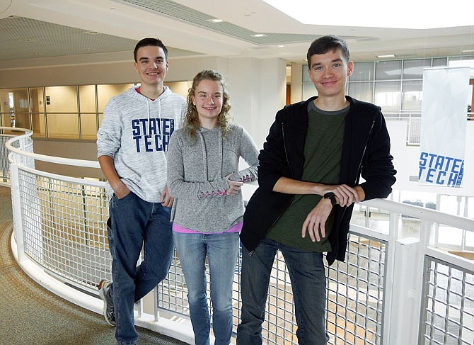 The Sheldon triplets are students at State Technical College in Linn, and each is majoring in different subjects. The Sheldons are, from left, Ty, Lydia and Garrett. Ty is pursuing a degree in industrial electricity. Lydia is working toward a degree as a physical therapist assistant, and Garrett is majoring in networking systems technology.