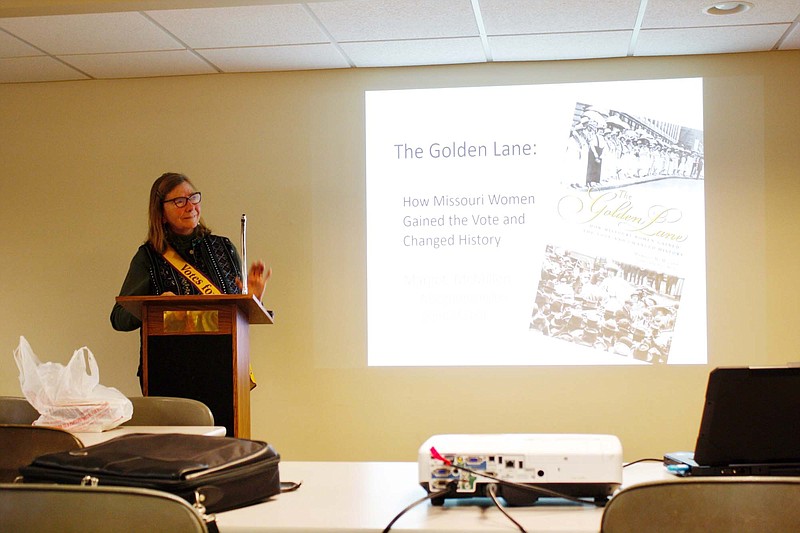 Margot McMillen gives a lecture Tuesday at William Woods University on her book "The Golden Lane: How Missouri Women Gained The Vote And Changed History." Her lecture was a part of WWU's fourth annual diversity and equality symposium.
