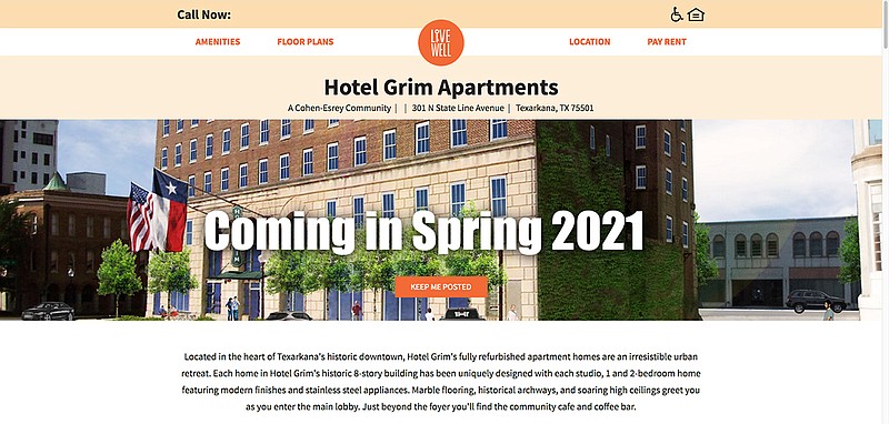 This screenshot captured Oct. 24, 2019, shows the home page of HotelGrimApartments.com, a website aimed at potential tenants of the Hotel Grim in Texarkana, Texas, after developers Cohen-Esrey Group rehabilitate the long-derelict building.