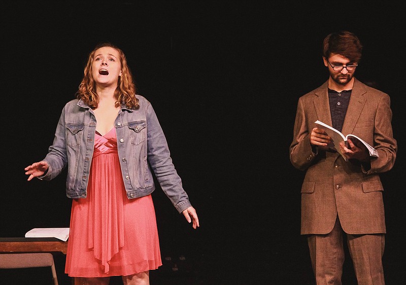 <p>Tara Goins/News Tribune</p><p><strong>Skylar Gaw, Jefferson City High School senior, plays Elle Woods while Austin Hartman, a junior, plays Warner Huntington III in this scene of “Legally Blonde the Musical” last week at the Miller Performing Arts Center during rehearsals. The first showing of this JCHS fall production will be noon Nov. 1.</strong></p>