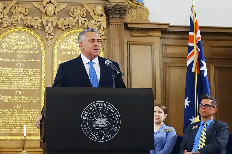 Joe Hockey, left, Australian ambassador to the United States, took the stage at Westminster College on Thursday to deliver the annual Cherry-Price Leadership Lecture. Chaplain Kiva Nice-Webb and Jeremy Straughn, director of the Churchill Institute for Global Engagement, look on.