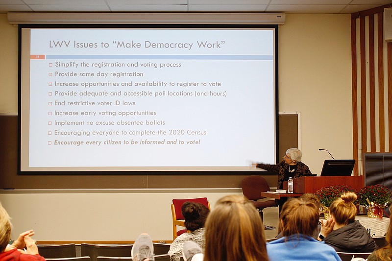 Marilyn McLeod, president of the League of Women Voters of Boone County-Columbia, lectured on the history of voting in America on Thursday at William Woods University. The lecture was a part of the fourth diversity and inclusion symposium at WWU.