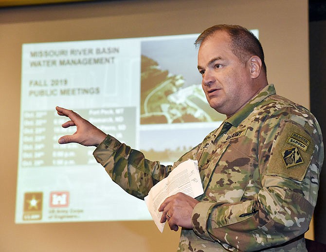 Col. Torrey DiCiro, deputy commander of the Northwestern Division of the U.S. Army Corps of Engineers, addresses the group gathered Friday for the fall update on Missouri River operations. The public meeting was at Capitol Plaza Hotel and saw about 75 people in attendance to hear about the river's water levels and what that may mean for those in levee districts along the water's edge as well as for recreational and shipping use.