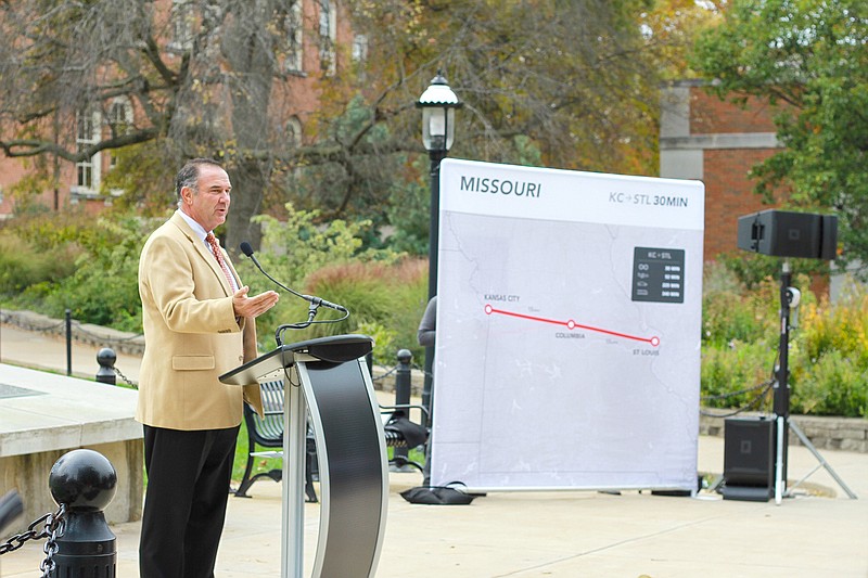 Lt. Gov. Mike Kehoe speaks Monday in Columbia about a proposed hyperloop. Kehoe is the hyperloop panel's chairmen. Also in attendance were state Treasurer Scott Fitzpatrick and Missouri House Speaker Elijah Haahr.