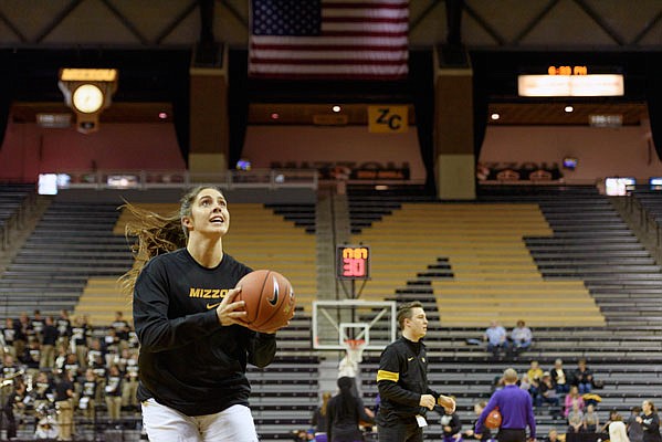 Missouri forward Micah Linthacum warms up before the start of Tuesday's exhibition game against Fontbonne University at Mizzou Arena.