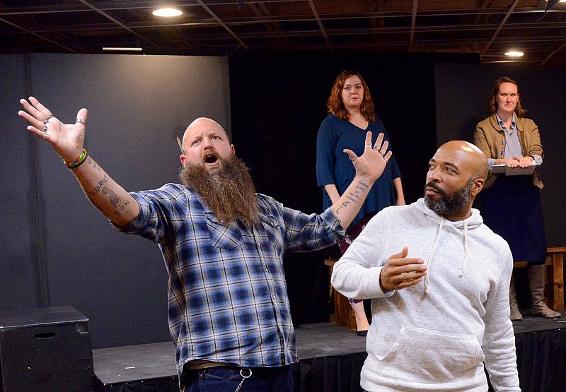 Sally Ince/ News Tribune  
Dave Bond sings his line Tuesday October 29, 2019 during a rehearsal with fellow cast members for  Tales from the Rough Writers at Scene One Theatre. The show includes short plays, skits, prose, poetry, monologues, story telling and original music by Erin Lammers.