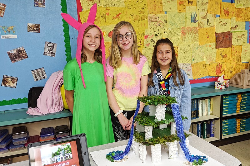 Helen Wilbers/FULTON SUN
Reece Pahl, left, Mattie Pritchard and Nola Glover display their model of the famed Hanging Gardens of Babylon. Sixth-graders at South Callaway Middle School completed a number of projects famed around Mesopotamia for a temporary museum Thursday.