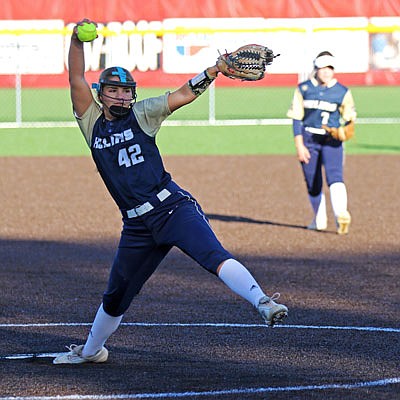 Helias' Alexa Rehmeier winds up for a pitch during a Class 3 District 9 Tournament semifinal last month against Fulton in Ashland.