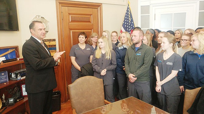 Missouri Lt. Gov. Mike Kehoe on Friday welcomes a group of Lincoln University School of Nursing students and faculty to his Missouri State Capitol office.