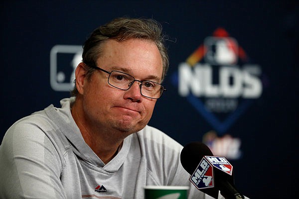 In this Oct. 5 file photo, Cardinals manager Mike Shildt listens to a question during a news conference during the National League Division Series in St. Louis.