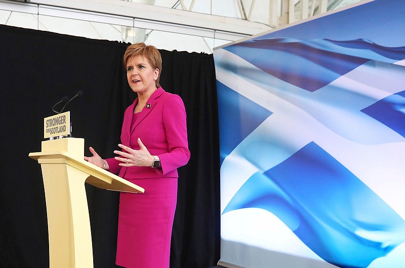 Scottish National Party (SNP) leader Nicola Sturgeon speaks at the launch of the party's General Election campaign, in Edinburgh, Scotland, Friday Nov. 8, 2019.  The Scottish National Party is officially launching its campaign for Britain's upcoming Dec. 12 election, with the SNP hoping to put Scotland a step closer to independence. (Andrew Milligan/PA via AP)