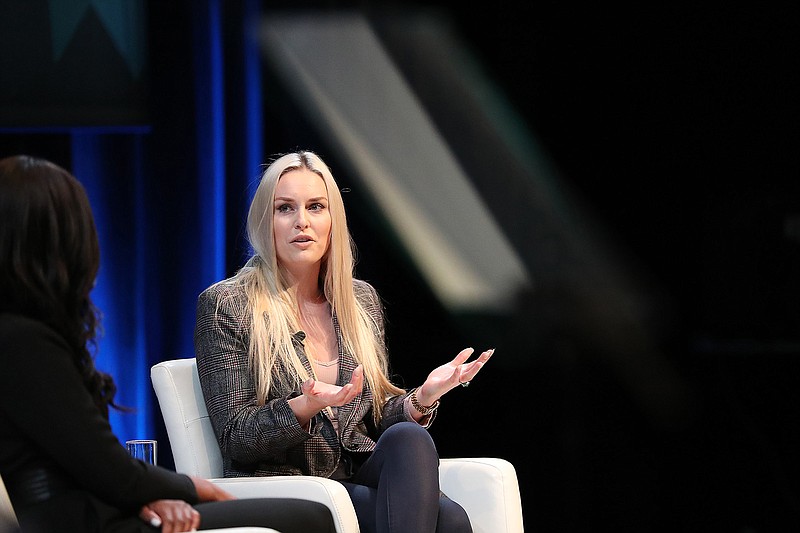 Broadcast journalist Cari Champion, left, interviews gold medal Olympic skier Lindsey Vonn, right, during the Blue Cross Blue Shield national forum, Millennial Health: A Call to Action, at the Kimmel Center in Philadelphia, Pennsylvania on Nov. 6, 2019. (David Maialetti/The Philadelphia Inquirer/TNS)