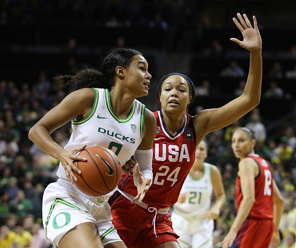 Oregon's Satou Sabally (left) drives to the basket under pressure from the United States' Napheesa Collier during the second quarter of Saturday's exhibition game in Eugene, Ore.