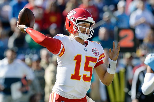 Chiefs quarterback Patrick Mahomes throws a pass during Sunday's game against the Titans in Nashville, Tenn.