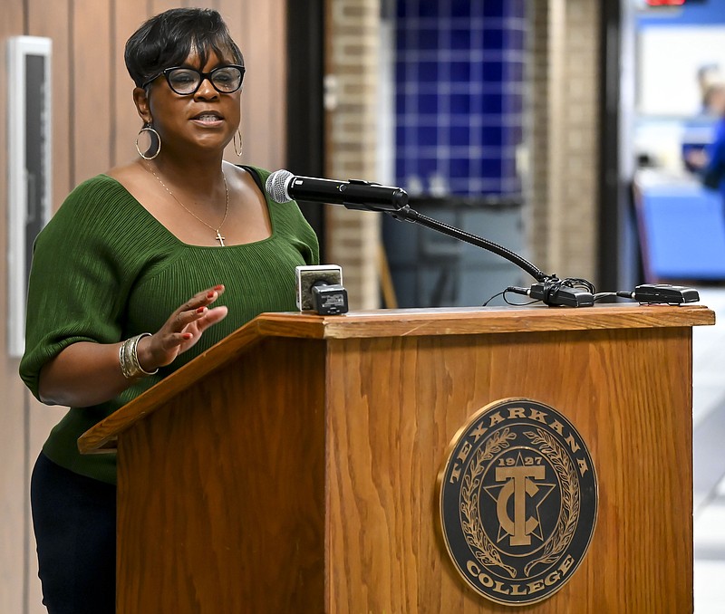 Tiffany Griffie, Claims Benefits Advisor for the Veterans' Benefit Claim Center at Texarkana College, talks to the audience about how the office is open to all veterans of the Texarkana community at the opening ceremony on campus at the Truman Arnold Center on Monday, November 11, 2019, in Texarkana, Texas. 