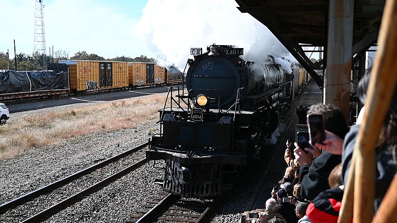 The Big Boy No. 4014 steam locomotive comes into downtown on Tuesday, November 12, 2019, in Texarkana, Arkansas. 