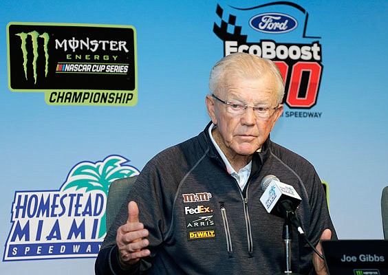 In this Nov. 16, 2018, file photo, Joe Gibbs speaks during a news conference for a NASCAR Cup Series final race at the Homestead-Miami Speedway in Homestead, Fla.