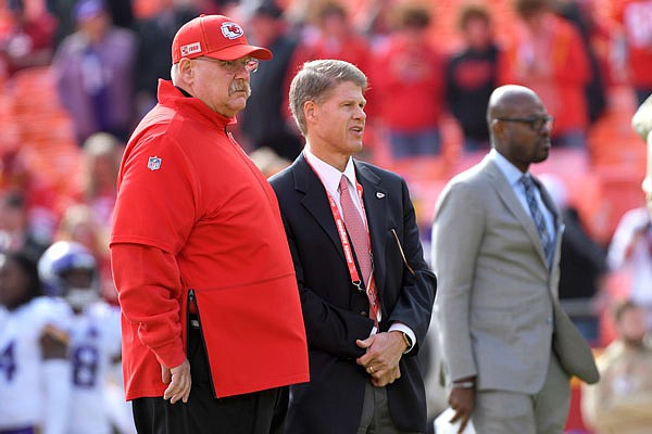 Chiefs head coach Andy Reid stands with Chiefs owner Clark Hunt before an a game earlier this month against the Vikings at Arrowhead Stadium.