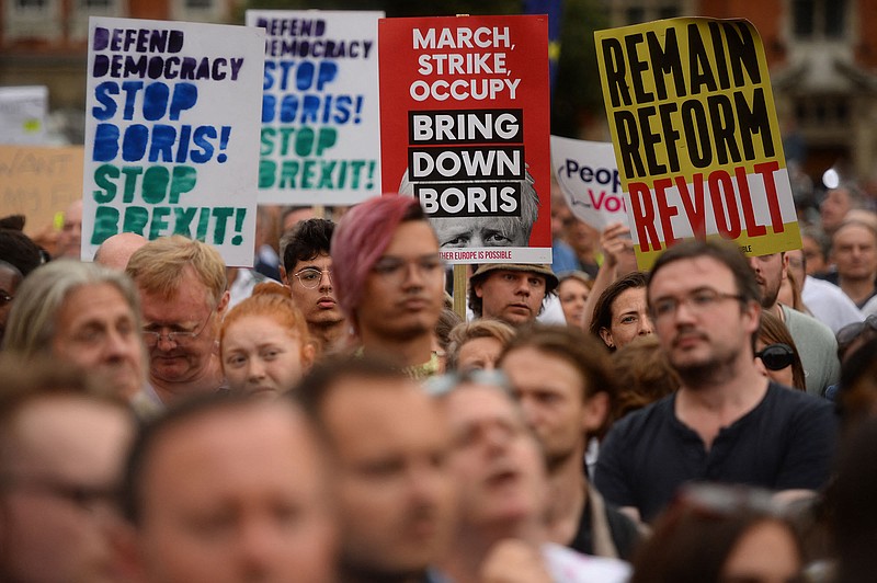 Protesters outside the Houses of Parliament in London to demonstrate against Prime Minister Boris Johnson temporarily closing down the Commons, on Saturday, Aug. 28, 2019. (Kirsty O'Connor/PA Wire/Abaca Press/TNS)