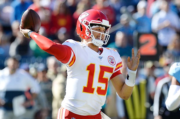 Chiefs quarterback Patrick Mahomes makes a pass against the Titans in the first half of last Sunday's game in Nashville, Tenn.