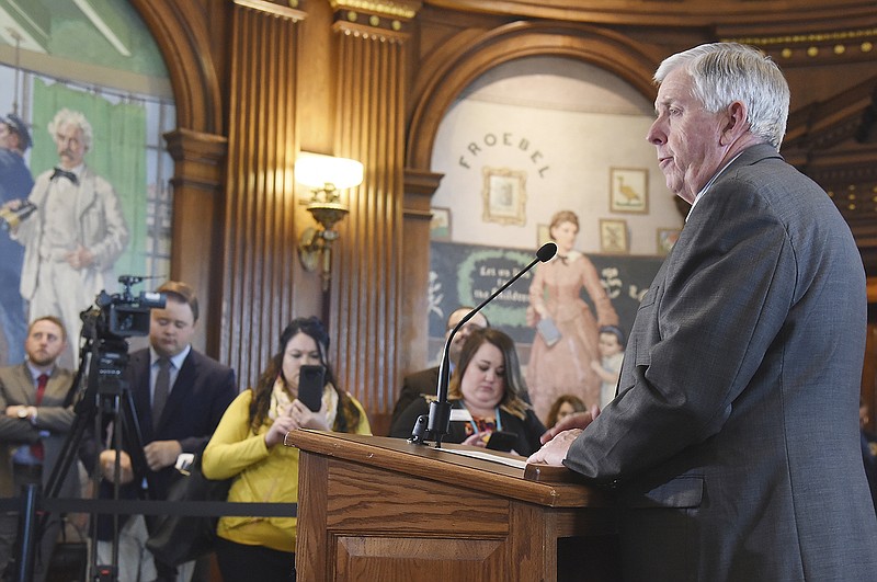 Gov. Mike Parson holds a news conference Monday in his Capitol office to announce the launch of the state's "Clear the Air" public awareness campaign. The campaign is aimed to educate, warn and deter the use of vaping devices among Missouri's youth. 