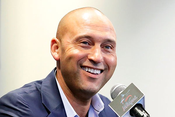 In this Sept. 20 file photo, Marlins CEO Derek Jeter smiles as he speaks during a news conference in Miami. Derek Jeter is among 18 newcomers on the 2020 Hall of Fame ballot, which was announced Monday.