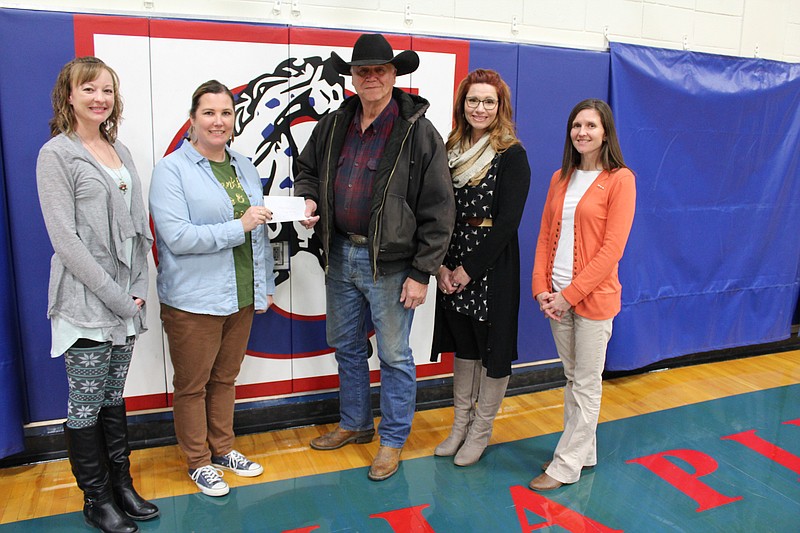 <p>Democrat photo/Austin Hornbostel</p><p>Teachers at California Middle School presented Moniteau County Toys for Tots Program Coordinator Dan Mesey with a check for $1,077 last week. The California school district helped to raise money for the charity together with teachers from Tipton, Jamestown and High Point.</p>